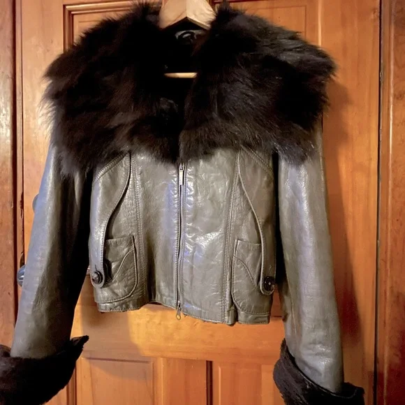 Small rabbit fur lined leather jacket with fox fur collar